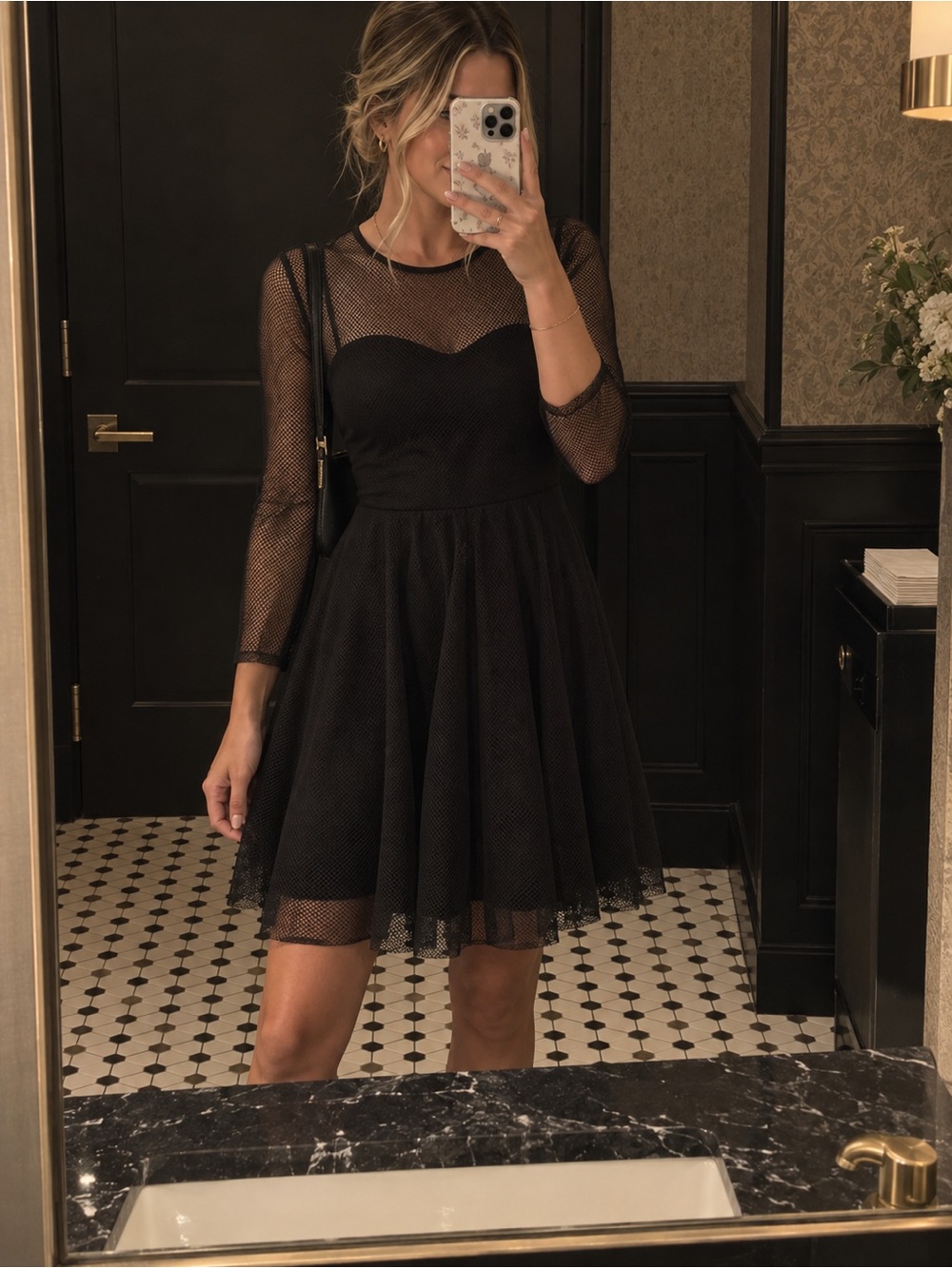 Eva Franco Black Mesh Long Sleeve Fit-and-Flare Dress